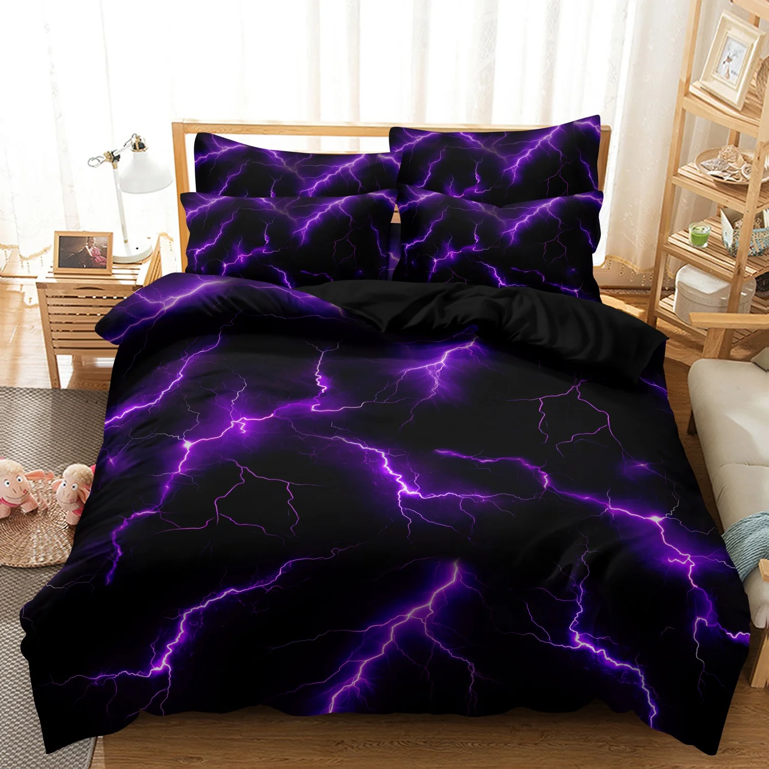 3pcs Purple Lightning Bolt Bedding Set, Modern Thunder Pattern Duvet Cover, For Family Bedrooms Dormitories Hotels