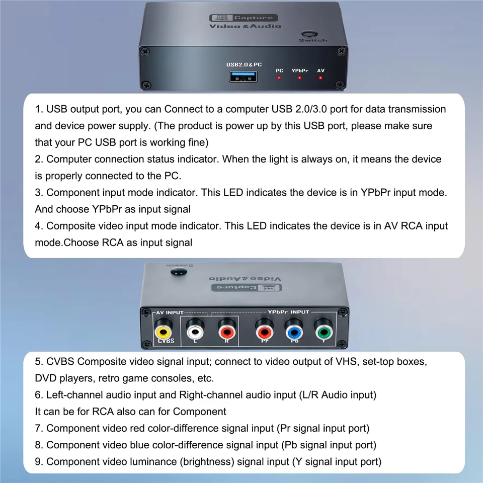 Konwerter VHS na cyfrowy format USB 2.0 RCA AV YPbPr Karta przechwytywania wideo Rejestrator VHS do PS5 VCR Nagrywanie gier Transmisja na żywo — zdjęcie produktu 6