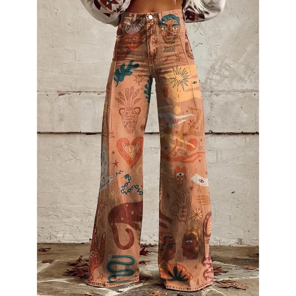 Retro Japanische Kunst-Print Weite Hose 100% Baumwolle Lässige Loose-Fit Palazzo-Hose mit Taschen Damen Sexy Hochtaillierte Hose – Detail 6