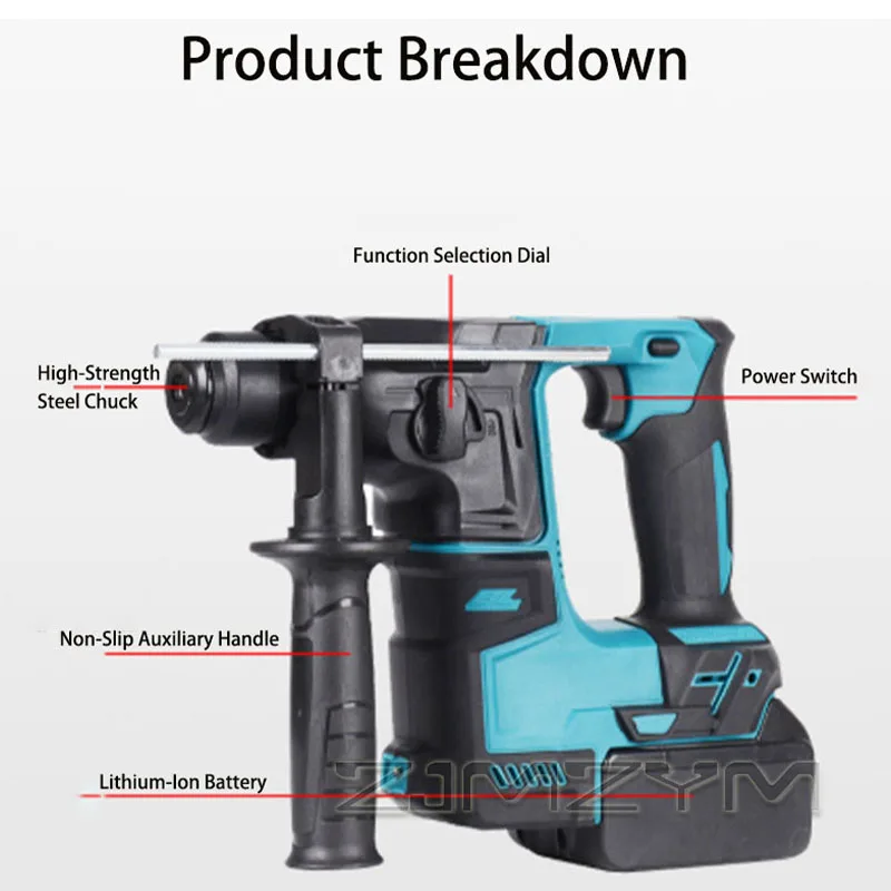 Lightweight Electric Impact Hammer Cordless Brushless Rotary Hammer Drill with Variable Speed for Drilling Chiseling in Concrete