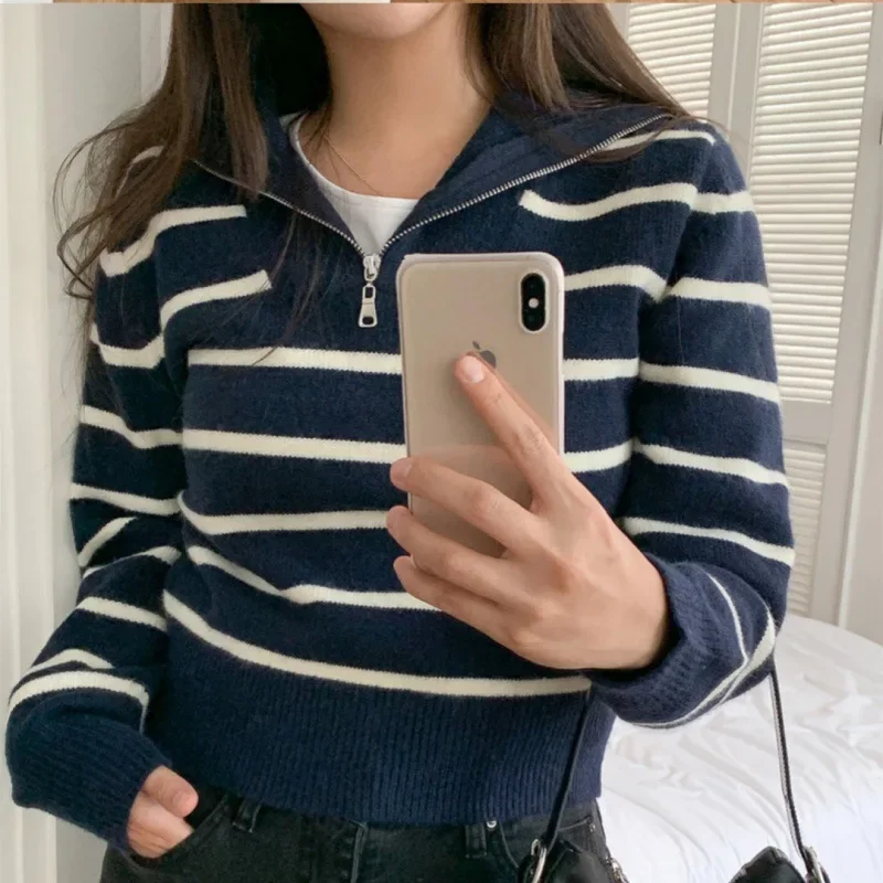 여성용 한국 레트로 하프 지퍼 네이비 칼라, 루즈 캐주얼, 다용도 긴팔 스트라이프 니트 스웨터, 3099 #