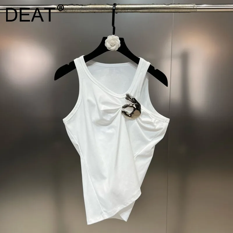 DEAT 2024 Summer New Items Round Neck Sleeveless Tank Top For Women Trendy Fashion Solid Color Wrinkled Camisole Female 11XX7428