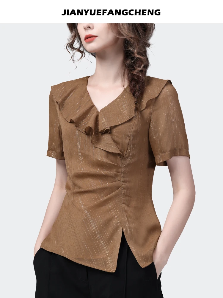 2023 Summer Short Sleeve Ruffles Coffee Chiffon Blouse Women Tops V-neck Slim Cinched Waist Chic Female Casual Shirts