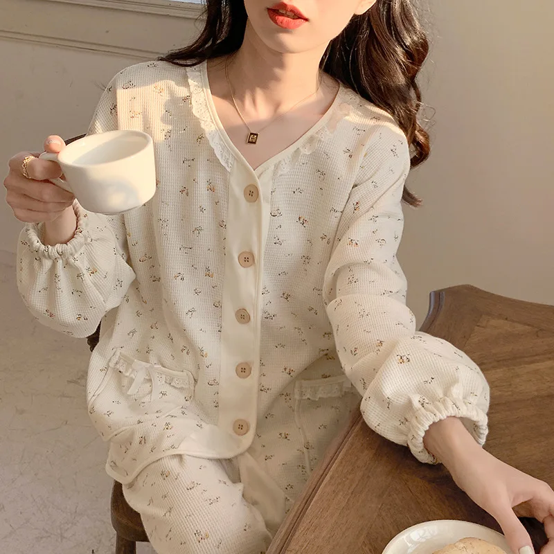 

Autumn Winter New Cotton Long Sleeve Home Wear Floral Pajama Set Women Pyjamas Nightie Sleepwear Female Lingerie Loungewear