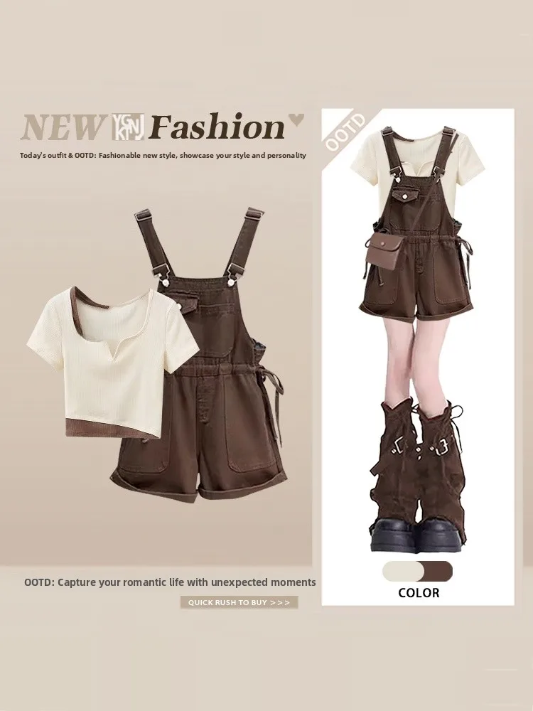 

Summer New Style Denim Overalls Short Pants Set Color Block Short T-Shirt Inner Wear Sweet And Cool Two-Piece Suit for Women