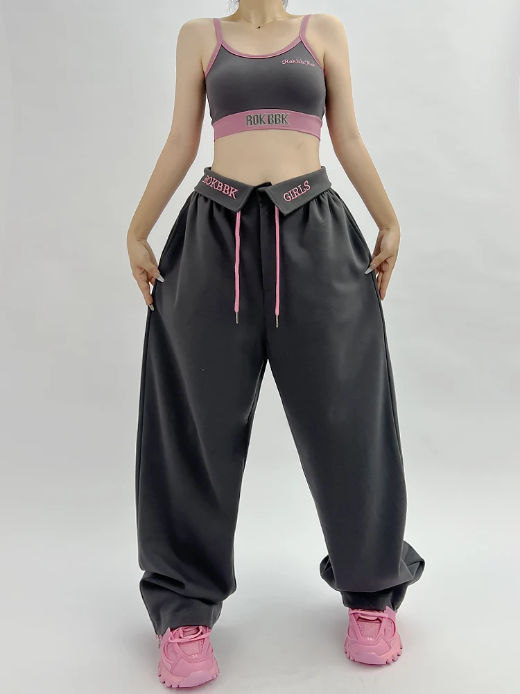

ROKBBK-K Charcoal ey Street Dance Hiphop Sports Pants Jazz Dance Women's Set Long Trousers Cotton Casual Straight Leg Pants