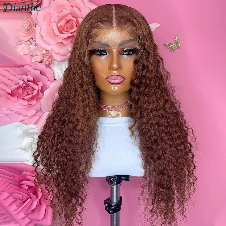 Dianthe-Marrom Escuro Onda Profunda Frontal Peruca, Transparente, Castanho Chocolate, Pré Arrancado com o Cabelo Do Bebê, Lace Front Cabelo Humano Perucas, 13x4