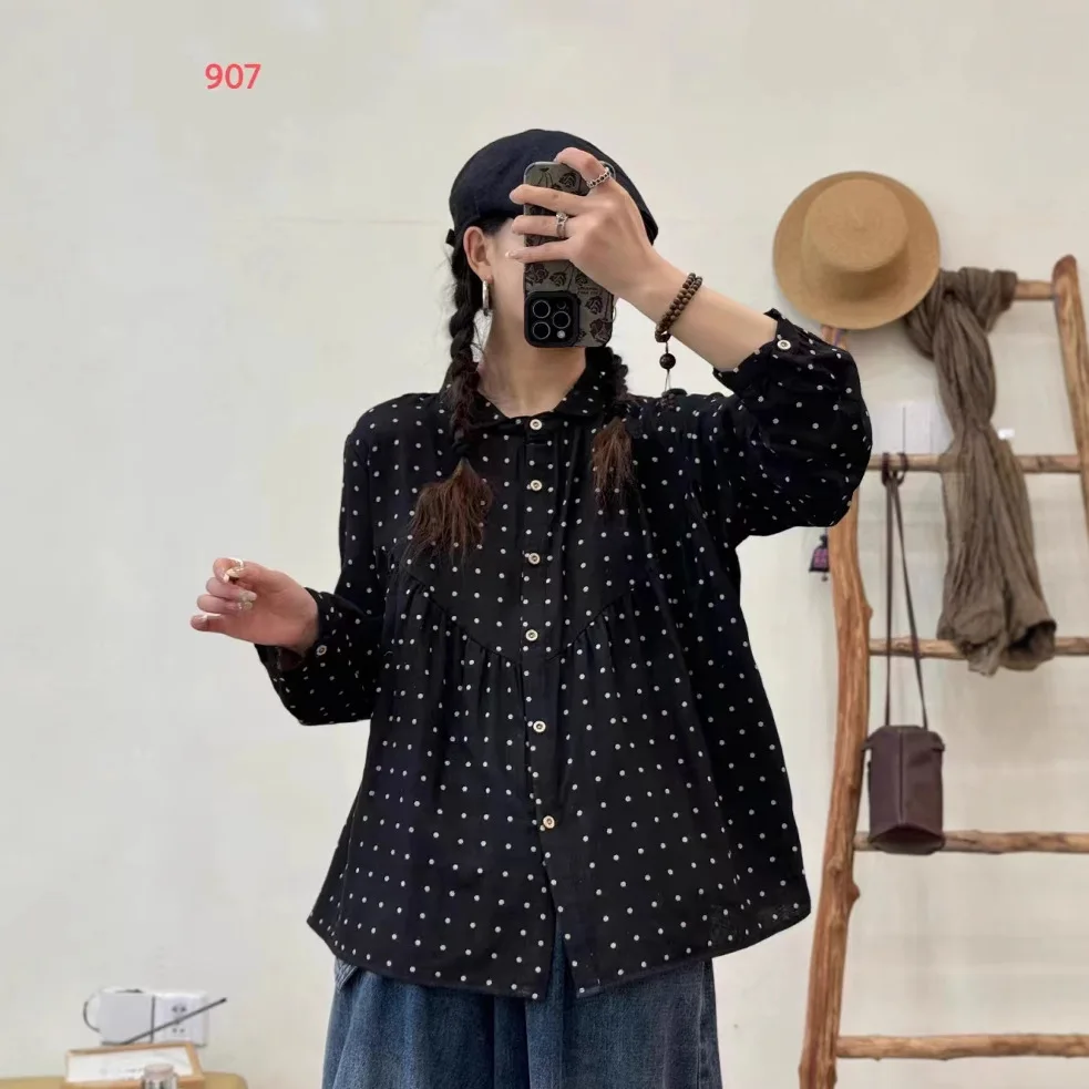 

Готовый запас, высокое качество, женская блузка из 100% хлопка, рубашка, маленькая свежая художественная веерная рубашка в горошек, универсальные свободные блузки с длинными рукавами, рубашки