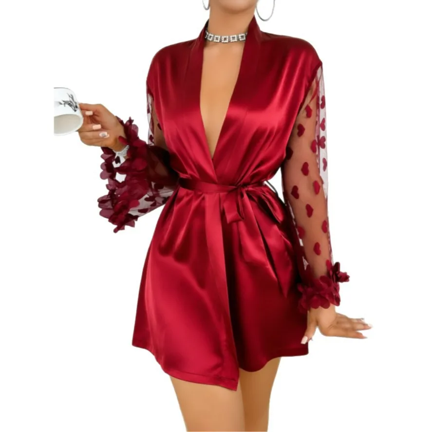 Black Plunge Robe With Sheer Heart Printed Long Sleeves Ruffled Cuffs Waist Belt Alluring Midnight Intimates Gown Erotic Set
