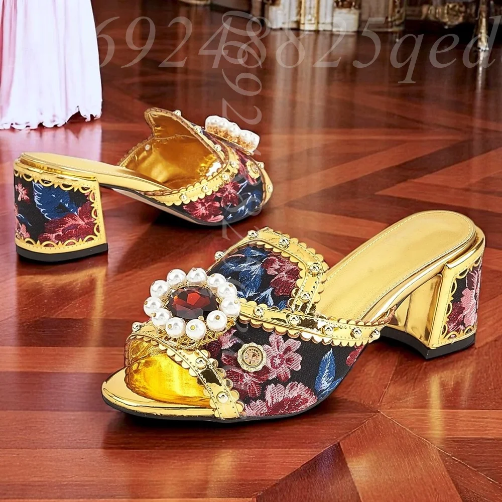Women's Floral Print Slide Sandals Gold Metallic Trim, Pearl Embellishment, Open Peep Toe Block Heel with Patterned Detail Shoe view 2