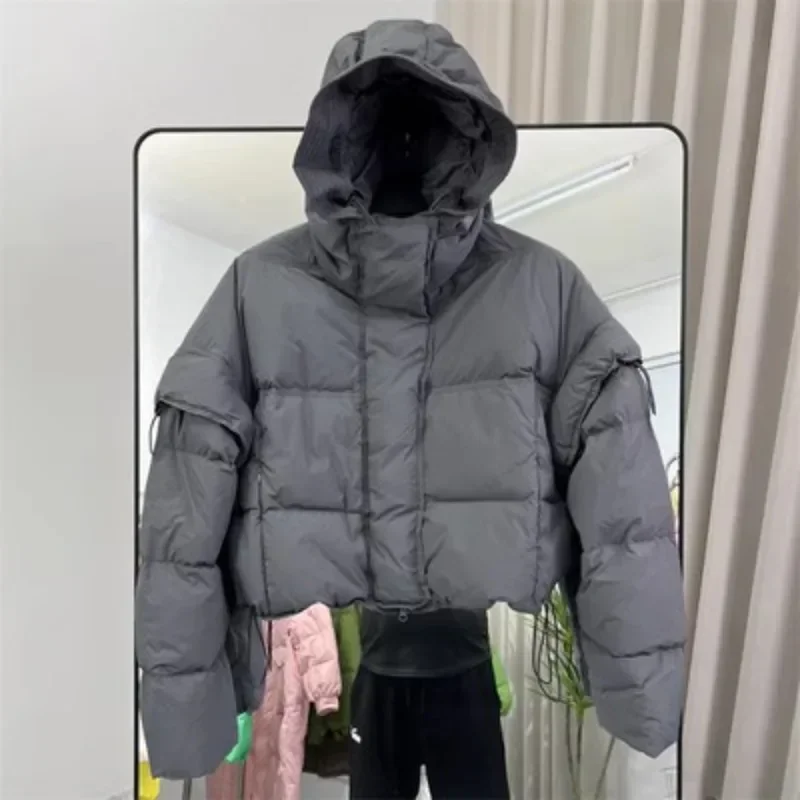 2024 Winter White Duck Down Coat Women Short Hooded Removable Sleeve Loose Fashion Puffer Jacket Thick Warm Windproof Outwear