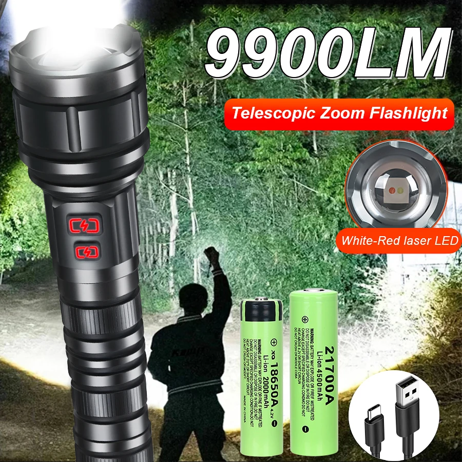 

Powerful White Laser Flashlight Dual Light Source Zoom Tactical Torch Type-C Rechargeable Outdoor Camping Hunting Emergency Lamp
