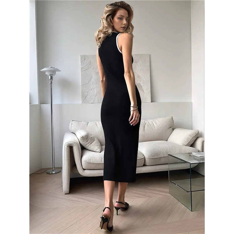 ABP-Damen ärmelloses T-Shirt-Kleid, Sommer, Kontraststiche, gestricktes Tank-Maxikleid