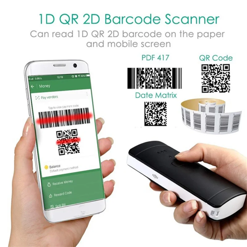 Lettore di codici a barre QR 2D Mini Scanner di codici a barre tascabile Wireless Bluetooth portatile per Scanner di codici a barre inventario POS