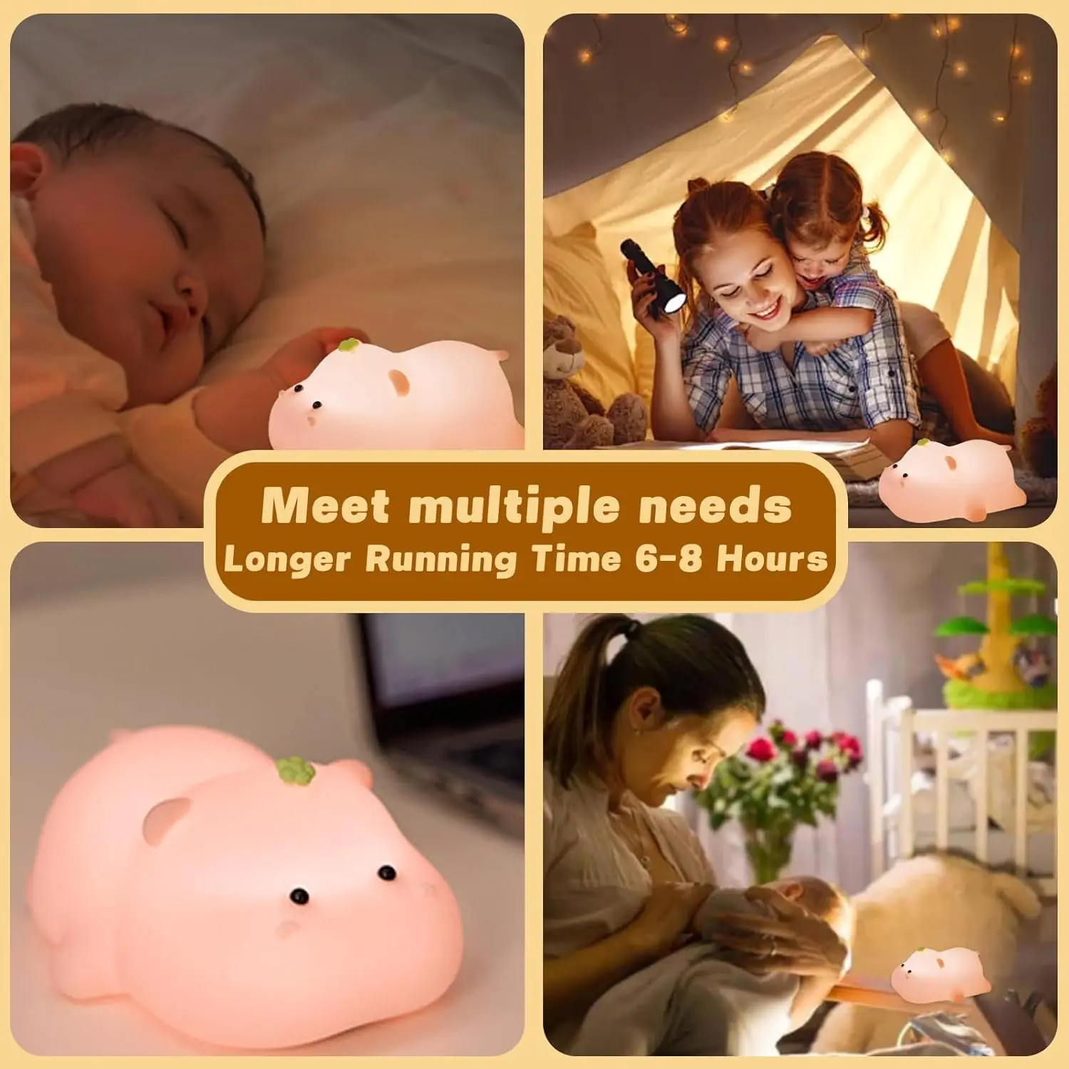 Cute Hippo Night Light Rechargeable LED Pat Silicone Lamp Bedside Children Animal Nightlights for Home Room Decor Birthday Gift