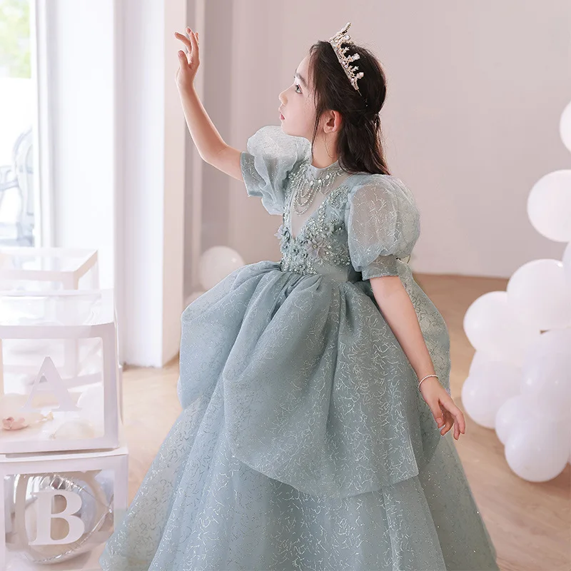 2023 Prom Dress for Elegant Girl Infant Luxury Sequined Maxi Ball Gown Kids Piano Performance Costumes Children Girls Partywear