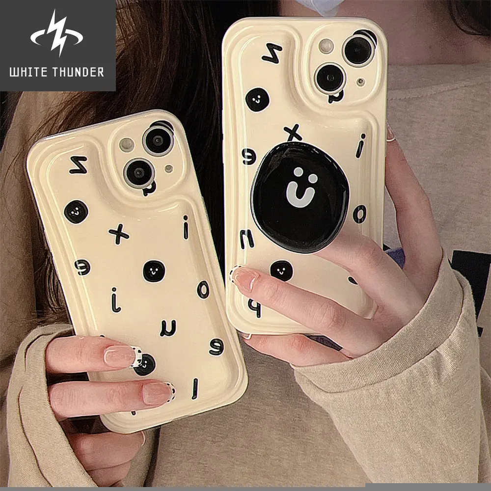 Japan Korean Cute Black Letter Smiley Bracket Soft Phone Case For IPhone 12 11 13 Pro XR X XS Max Holder Protective Back Cover