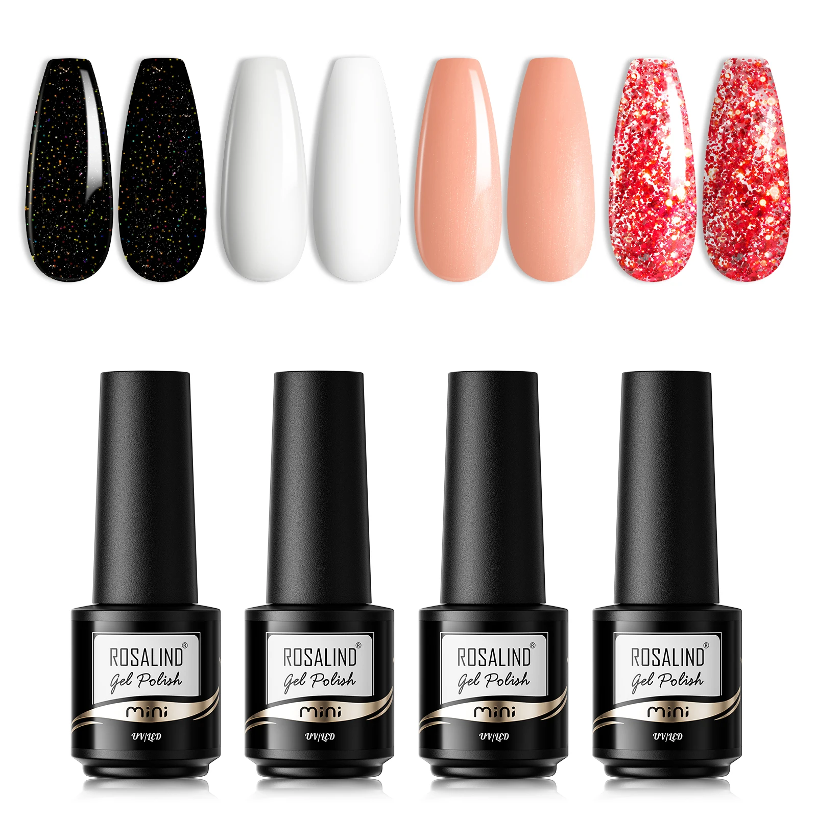 ROSALIND Gel-Nagellack-Set, 6-teilig, rosa Nagellack-Set, semi-permanenter Glitzer-Gel-Kunst für zu Hause, Basis- und Decklack-Gel-Nagellack