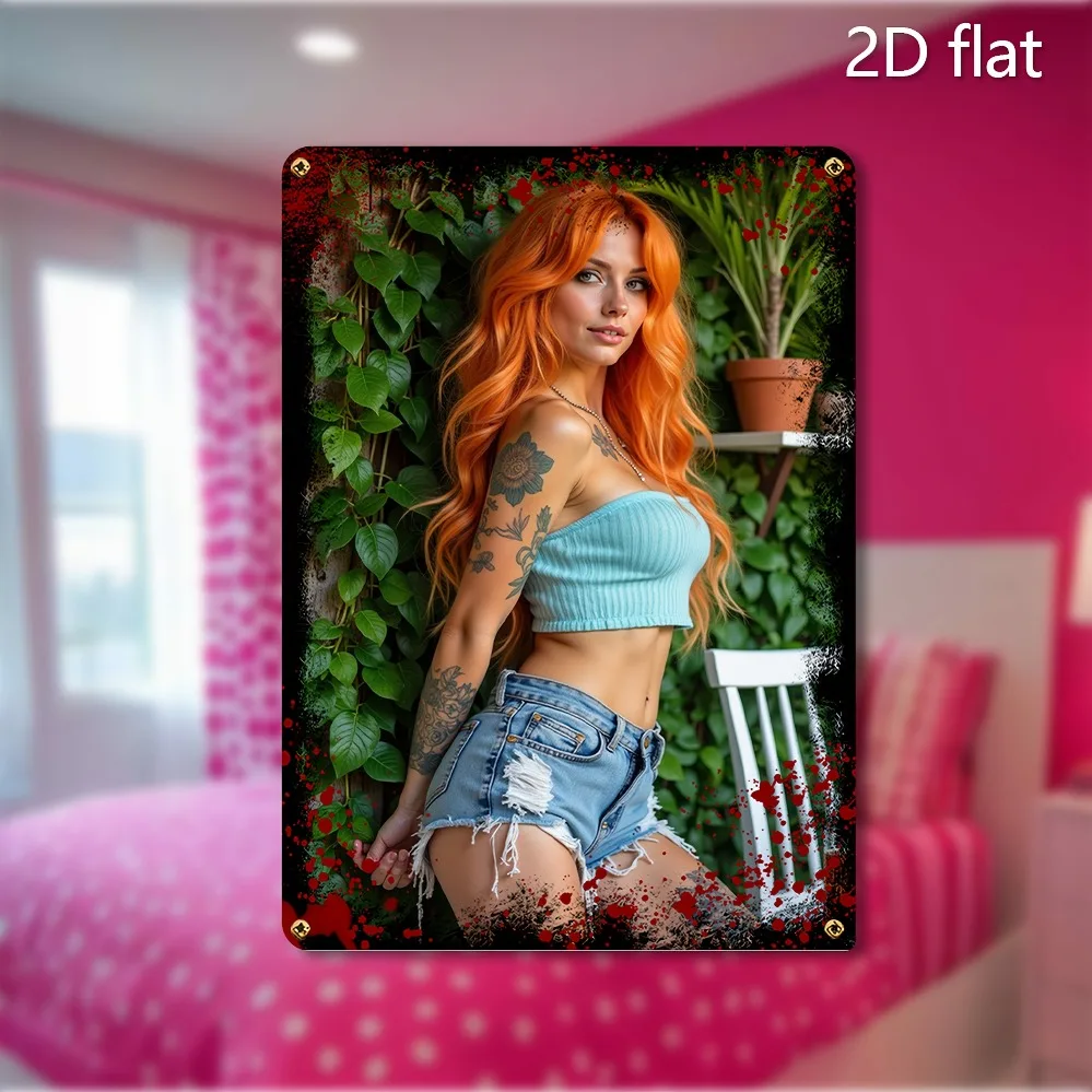 2D Flat Aluminum Wall Art Fashion Red Dress Lady with Green Plant, Pre-Drilled Holes for Easy Hanging, Home Office Festival Deco