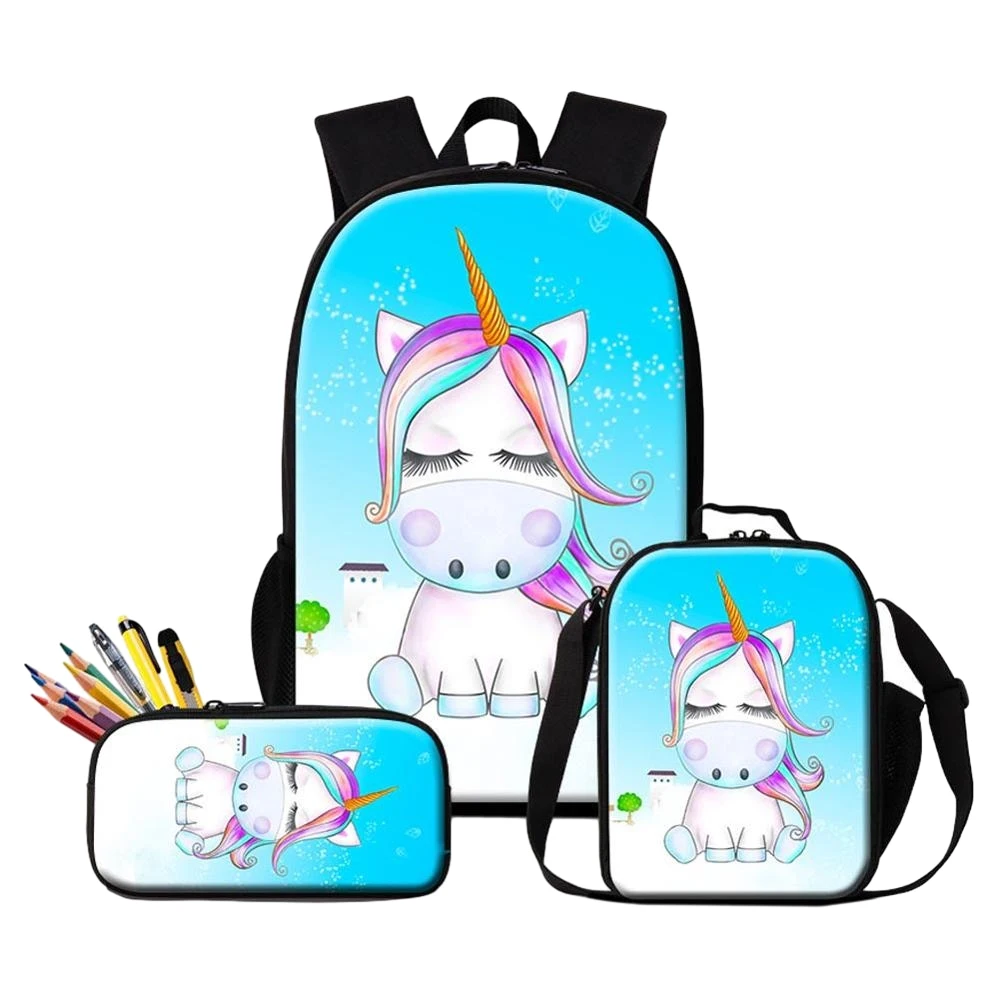 Mochila arco-íris unicórnio dos desenhos animados, Sacos escolares de grande capacidade para adolescentes, lancheira, meninos e meninas sacos de viagem, 3pcs por conjunto