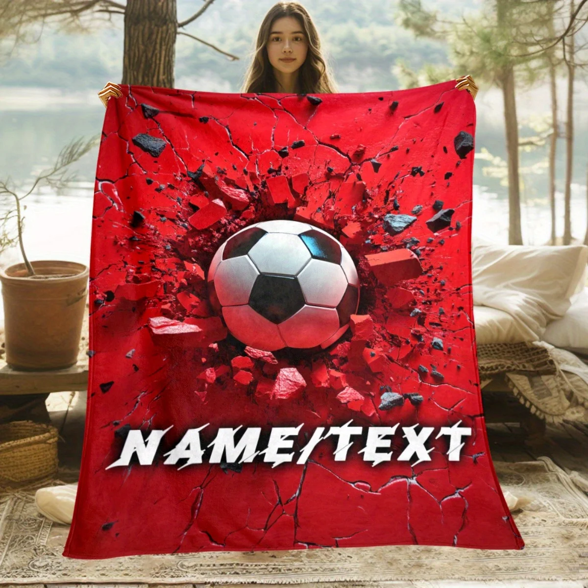 Customize 1pc Custom Name Soccer Ball on Red Blanket-Lightweight Flannel Home Furnishings Bedding Blanket Suitable for Sofas Bed
