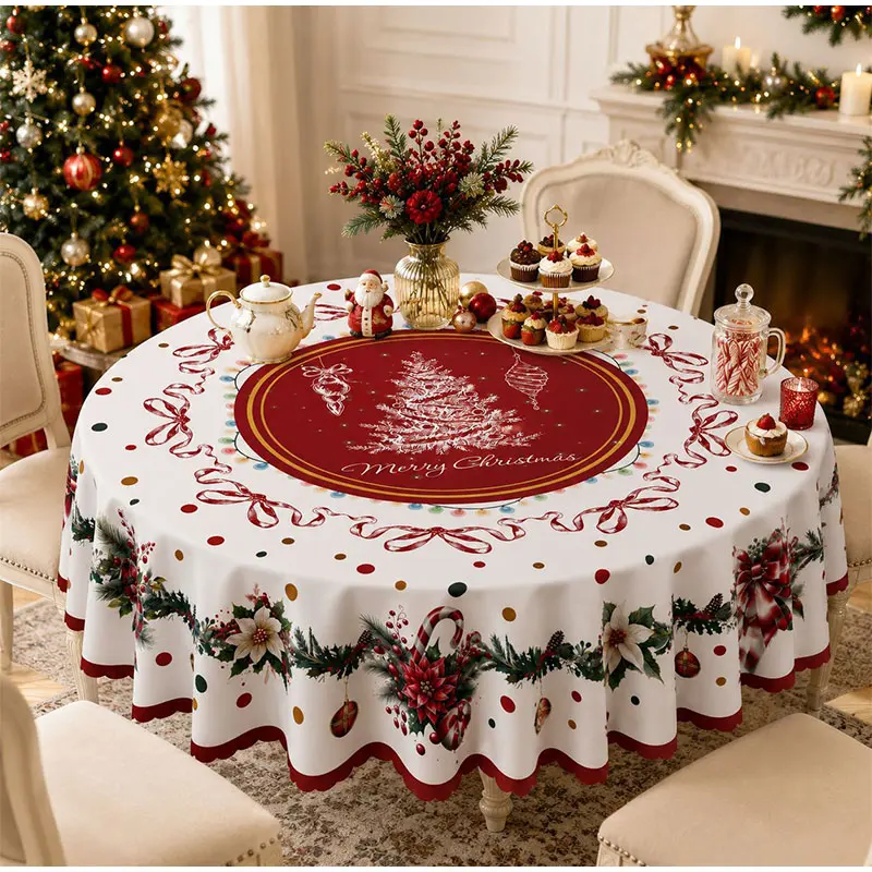 2026 Christmas Tablecloth Christmas-themed Round Tablecloth with Santa, Reindeer, Dnowman & Holiday Decor 152*152/180*180CM