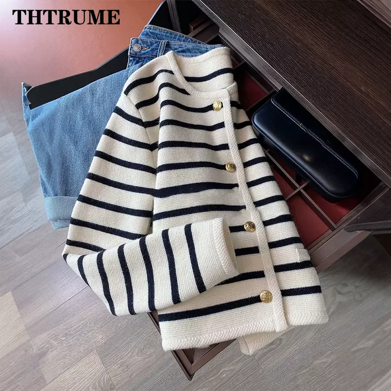 Women Fashion Warm Sweater Autumn Winter Knitted Striped O-Neck Single Breasted Jumper Casual Office Lady Long Sleeve Cardigan