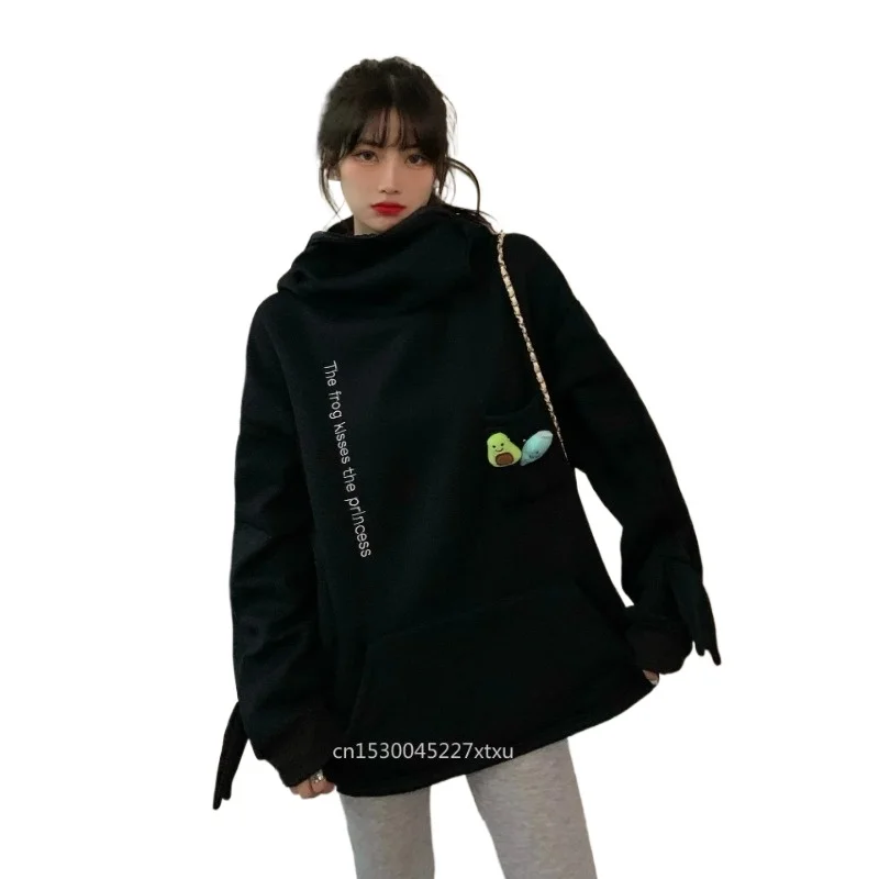 

S-3XL Frog Zip Up Hoodie Fleece Lined Springtime Embroidery Oversized Sweatshirt Harajuku Warm Pullover Korean Style Dropship