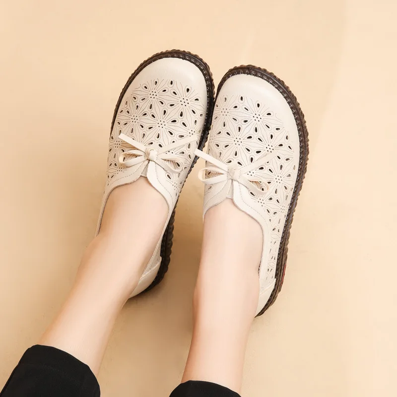 Summer Women Loafer Shoes Summer Hollow Breathable Casual Leather Shoes Non-slips Comfortable Mom Flat Hole Sandals