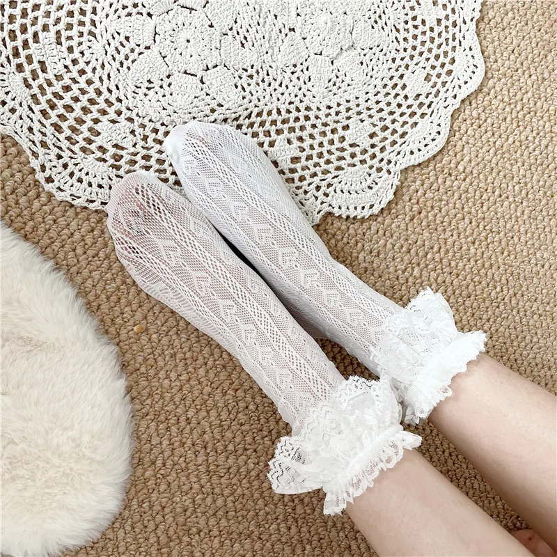 Sexy Internet Celebrity Wear with White Mid Lace Short and Mid-Calf Length Bunching Socks Female Summer and Autumn Thin Ins Fash