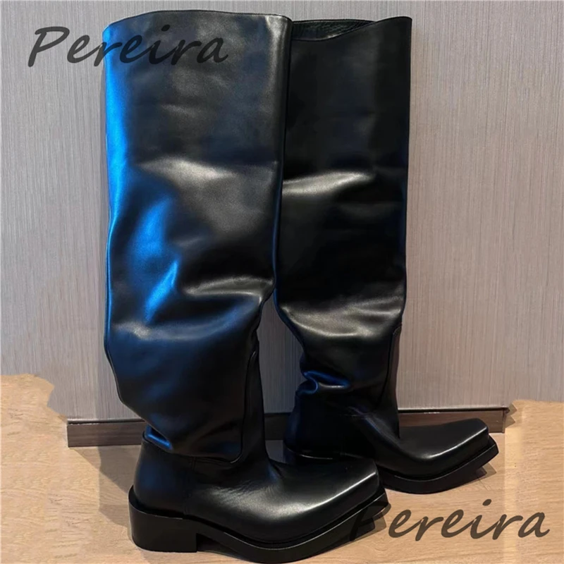 سميكة سوليد فوق الركبة الأحذية للرجال النساء جلد أسود ساحة تو الانزلاق على فارس الأحذية الخريف الشتاء موضة أحذية بوت قصيرة
