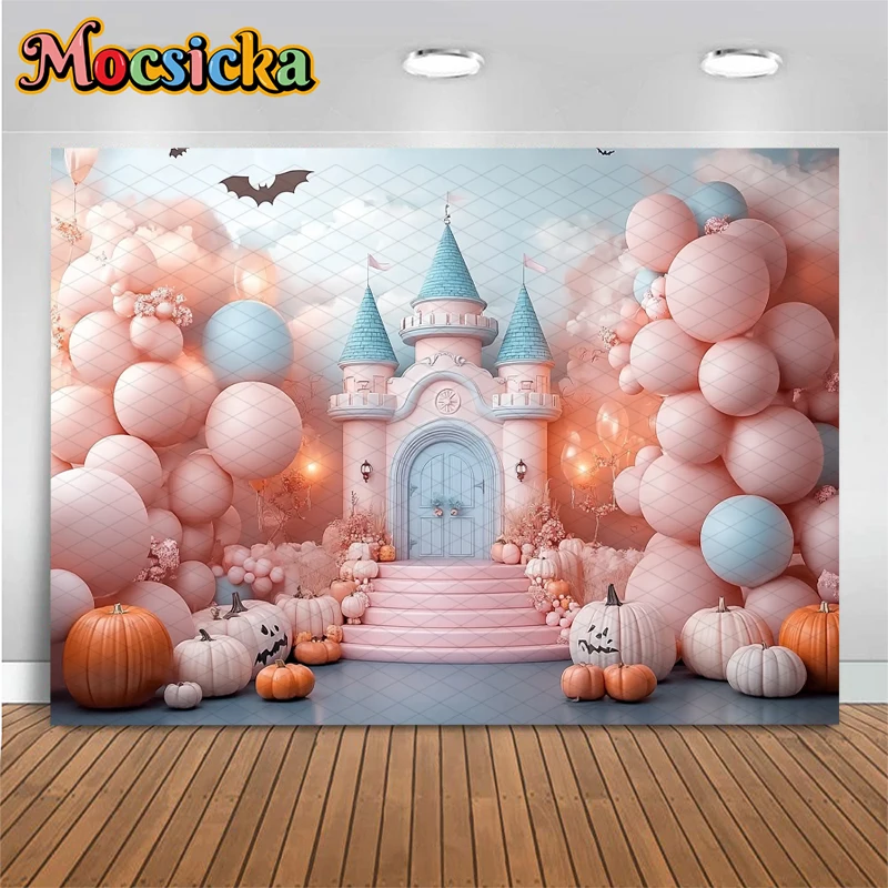 Mocsicka Halloween Fotografi Latar Belakang Balon Merah Muda Kastil Labu Dekorasi Pesta Baby Shower Anak Laki-laki Anak Perempuan Foto Latar Belakang Wallpaper
