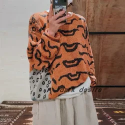 Kapital Vintage Non Hirata Hiroshi Leopard Tiger Printed Pullover Men's and Women's Loose Round Neck Orange Knitting Sweater