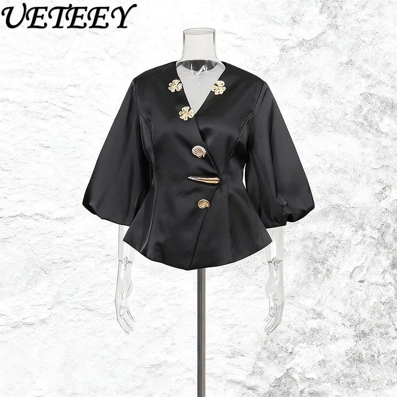 الطازجة الحلو أنيقة نمط نصف نفخة كم بلايز موضة جديدة زر معدني المرقعة الخامس الرقبة الخصر مقصوص قميص للنساء #4