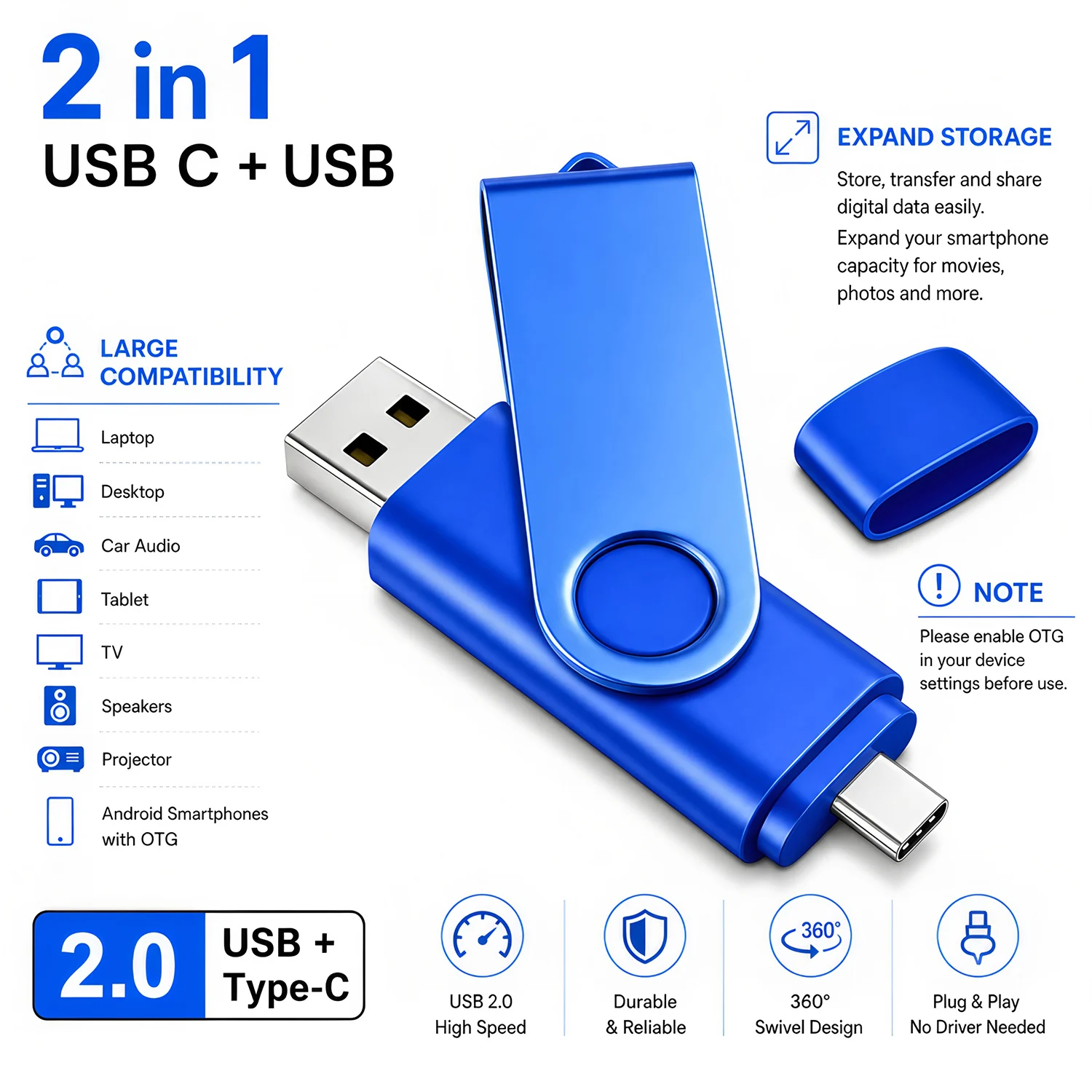 USB2.0 TYPE-C 2-in-1 USB Flash Drive 128GB Storage Pen Drive Memory U Stick Business Gift U Disk for Smartphone PC Tablet