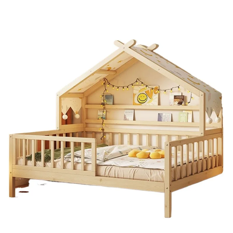 Full Solid Wood Bed Girl Princess Bed, Small Bed with Trailer Guardrail Household Baby Single Bed Boy Tree House