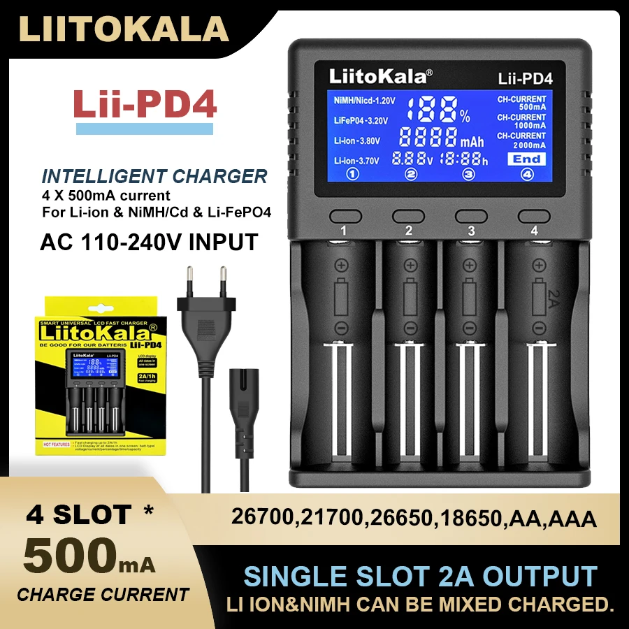 Liitokala Lii-PD4 Lii-500 Lii-600 Lii-S8 LCD NiMH Lithium Battery Charger 3.7V 18650 18350 18500 21700 14500 26650 1.2V AA AAA