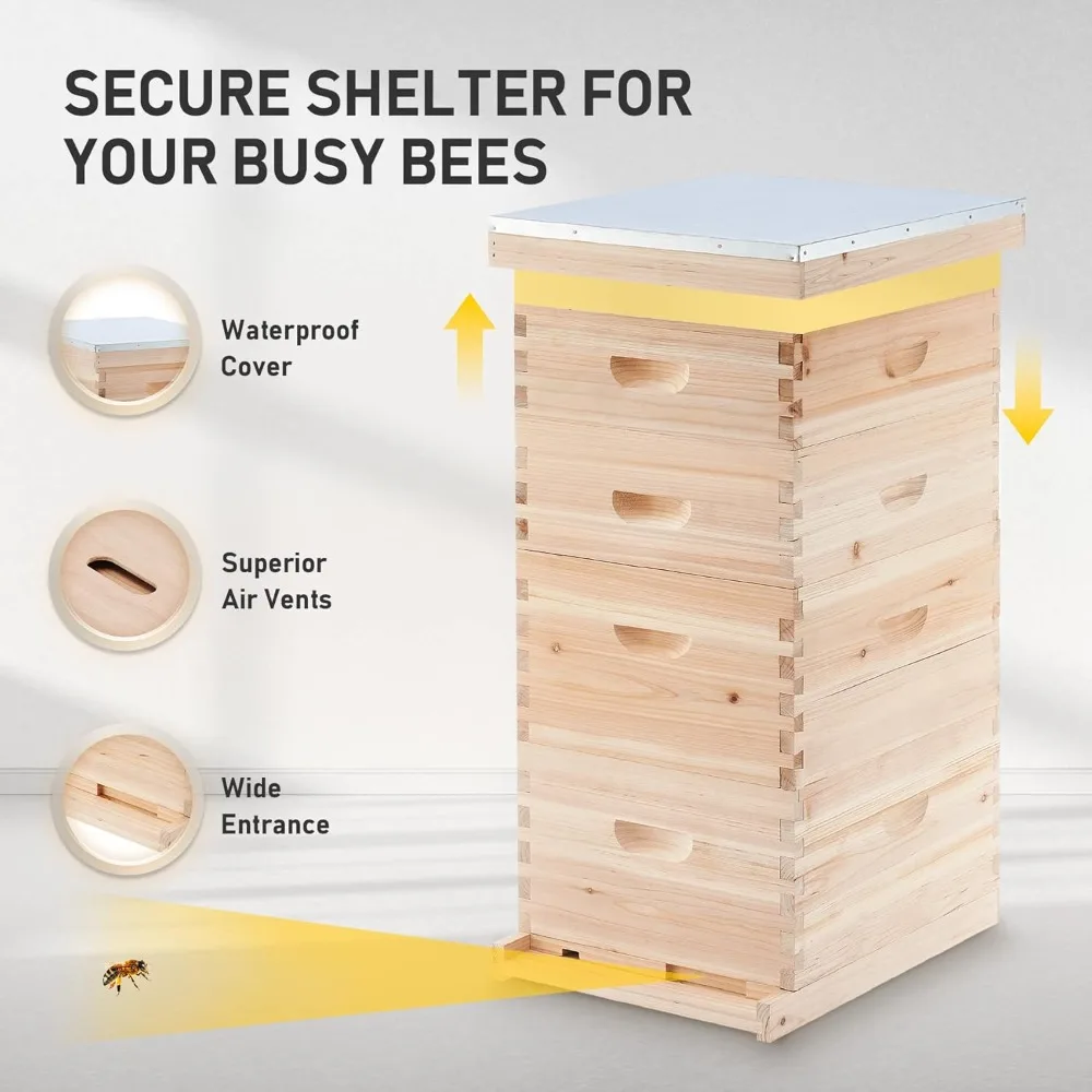 Zestaw startowy CREWORKS Bee Hive Boxes, Langstroth Beehive for Bee Keeping, 4-warstwowy domek dla pszczół z 20 średnimi i 20 głębokimi ramkami i F