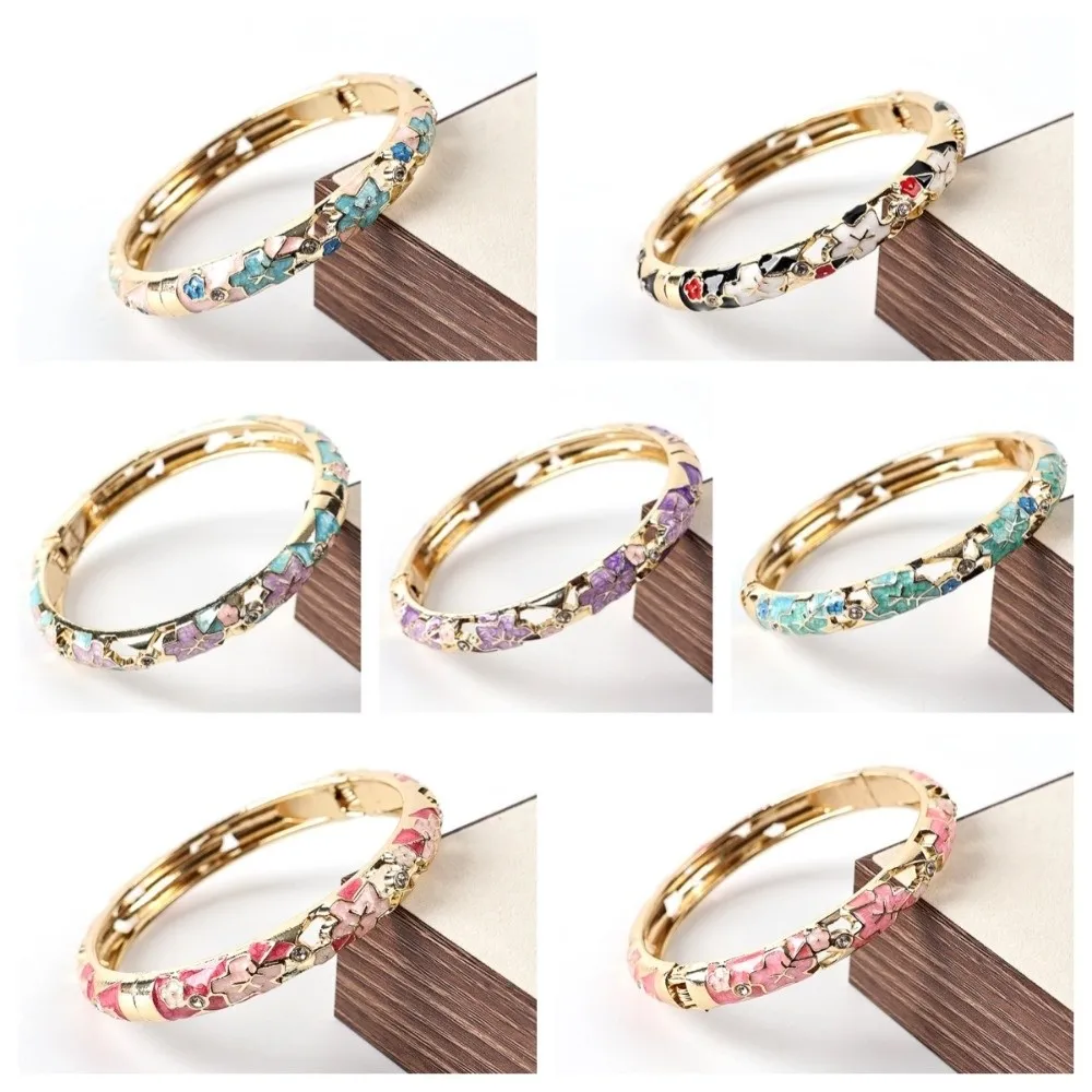 Dainty Colorful Vintage Cloisonne Bangle Crystal Traditional Flower Bangle Open Cuff Classic Women's Hand Bracelet Girls