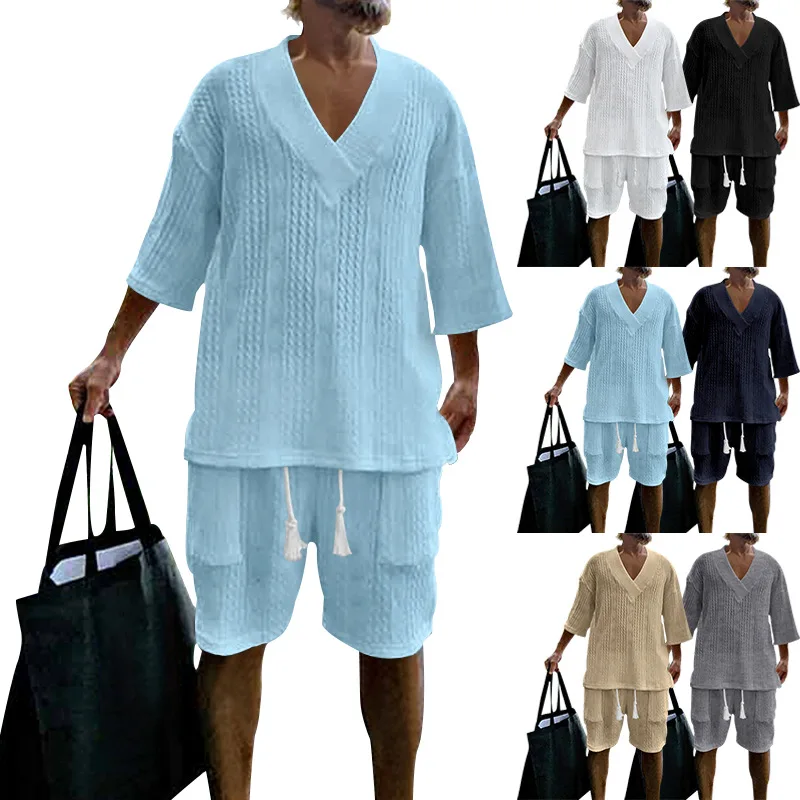 Men's Casual Jacquard Sports Suit, Loose Short SleeveTT-shirt, Short VCollar, Two-Piece Men's Clothing, Summer, 2024