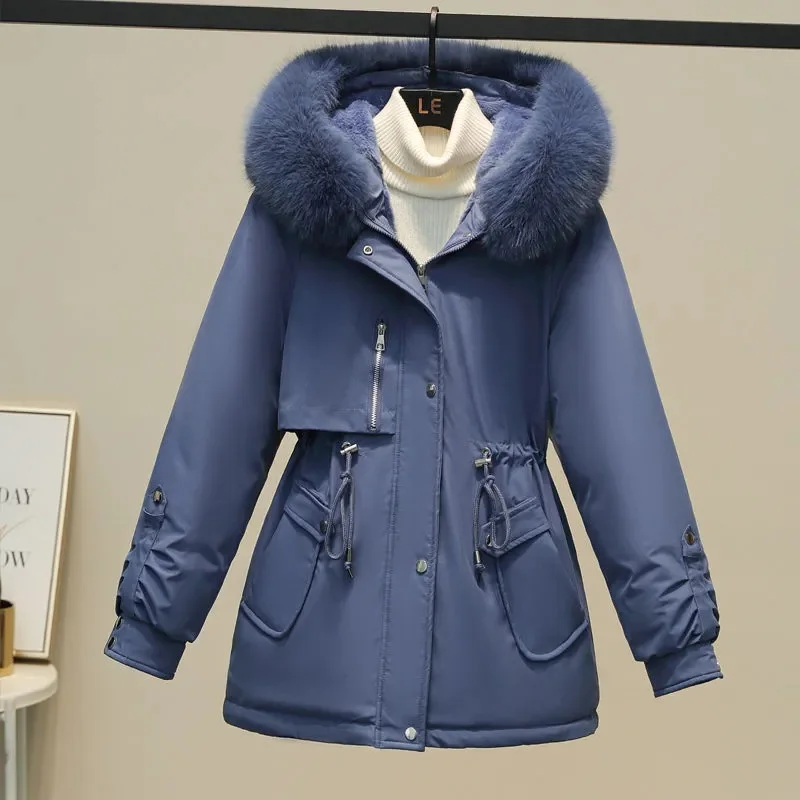 Abrigo grueso de longitud media con capucha para mujer, parka holgada con cuello de piel grande, ropa de nieve cálida para invierno, novedad de 2023