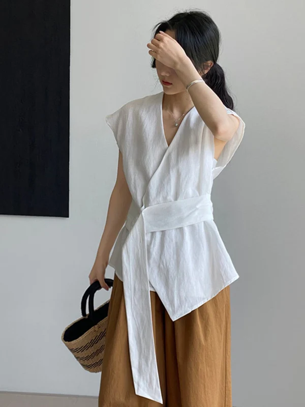 

Повседневная летняя женская модная рубашка 2025 года, асимметричный жилет, универсальный топ в корейском стиле, без рукавов, с V-образным вырезом, цветной