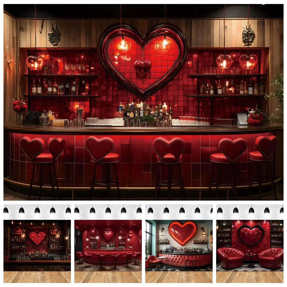 Valentine's Day Photography Backdrop Sweetheart Soda Shop Bar Wine Cabinet Counter Red Lover Heart Couple Photocall Background