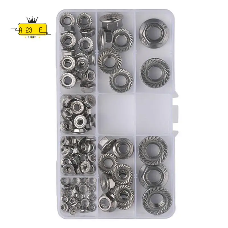 A23E-100Pcs/Box DIN6923 Flange Nut Hex Hexagon Serrated Spinlock Lock Nut Set Mix Size Stainless Steel