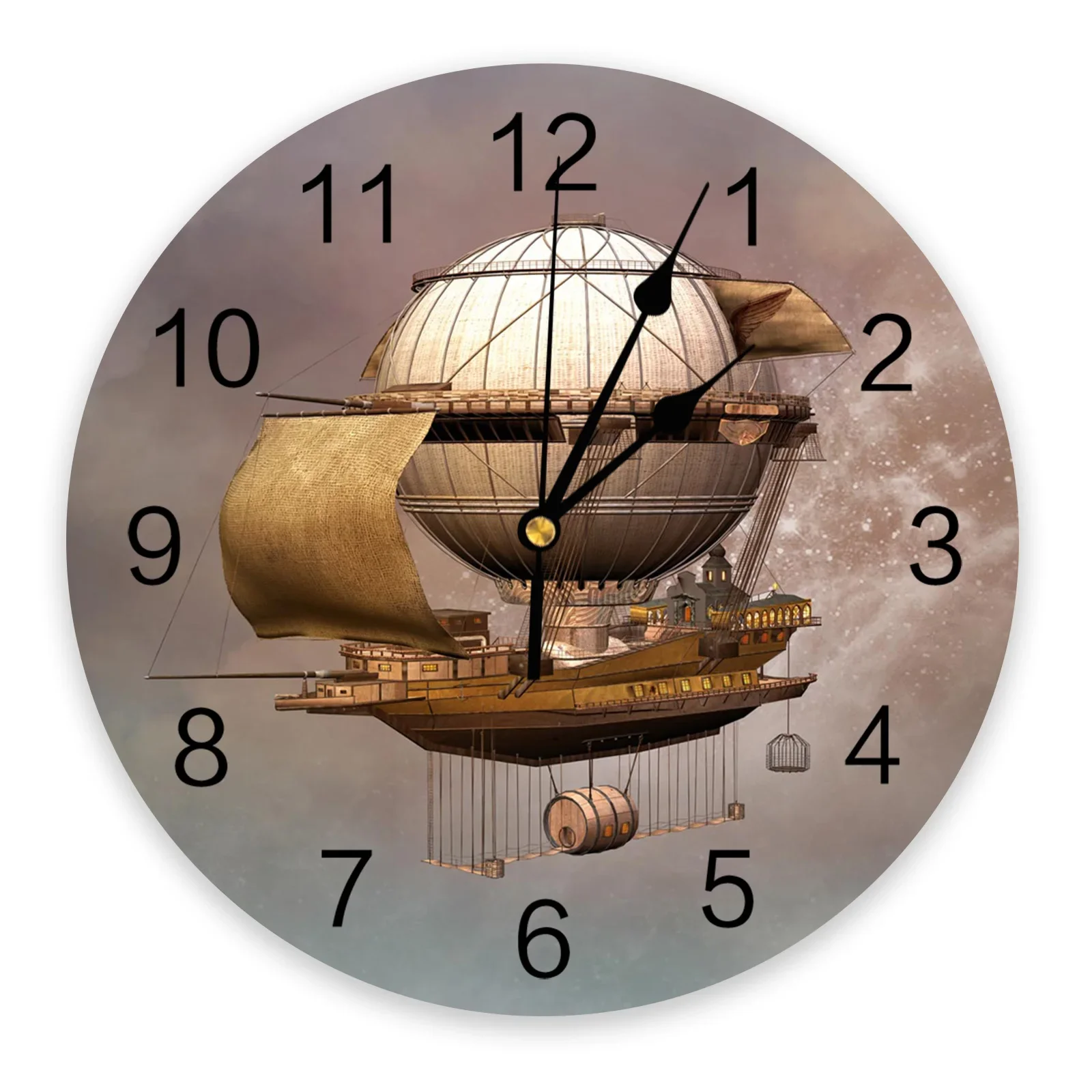 Steampunk Airship Retro Style Decorative Round Wall Clock Arabic Numerals Design Non Ticking Bedrooms Bathroom Large Wall Clock