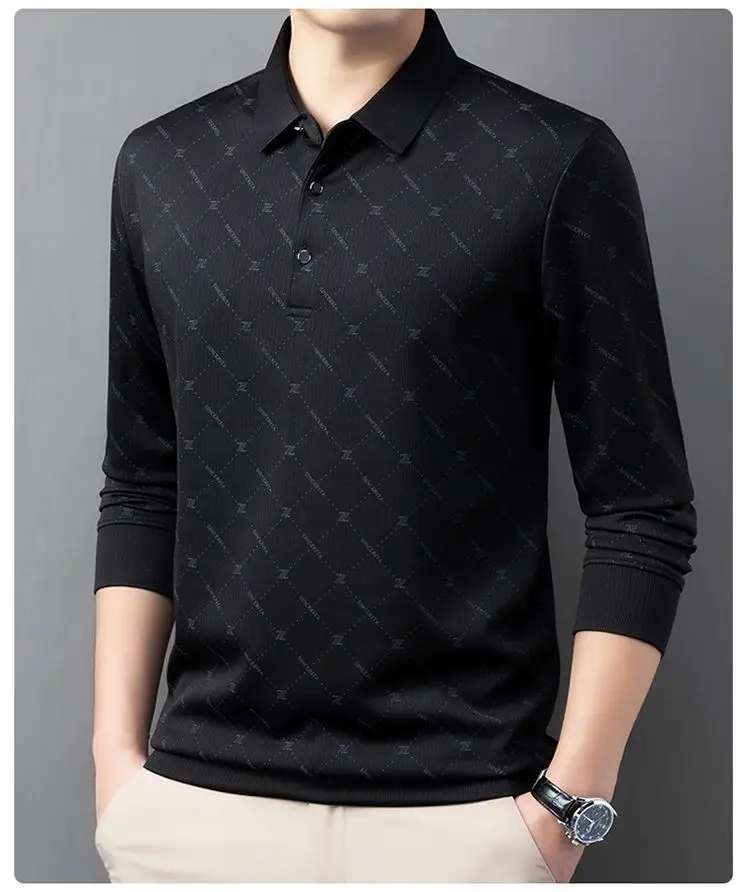 Long-sleeved Lapel T-shirt Men's Print Trendy Versatile Polo Shirt Top