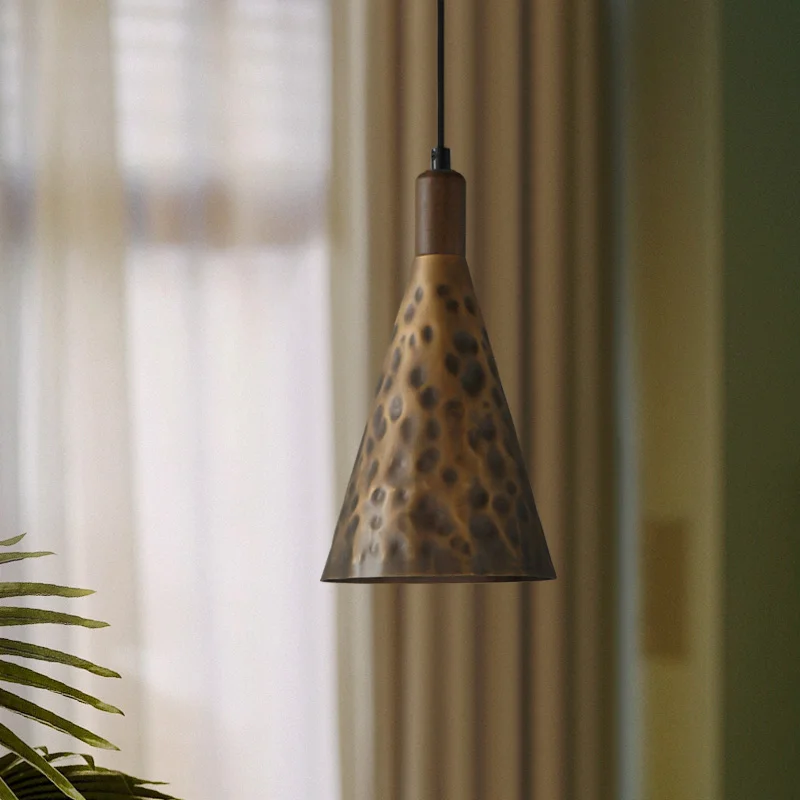 

Vintage Small Pendant Light Walnut Copper Geometric Light For Living Room Study Loft Kitchen Restaurant Bedroom Bedside Lamp