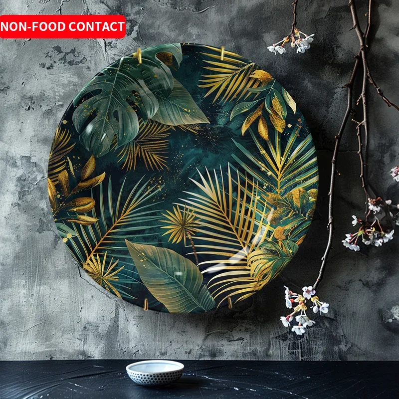 1pc Art Deco Round Ceramic Decorative Plate with Non-Food Contact Golden Rim & Tropical Leaf Pattern - Home Wall Art for Living