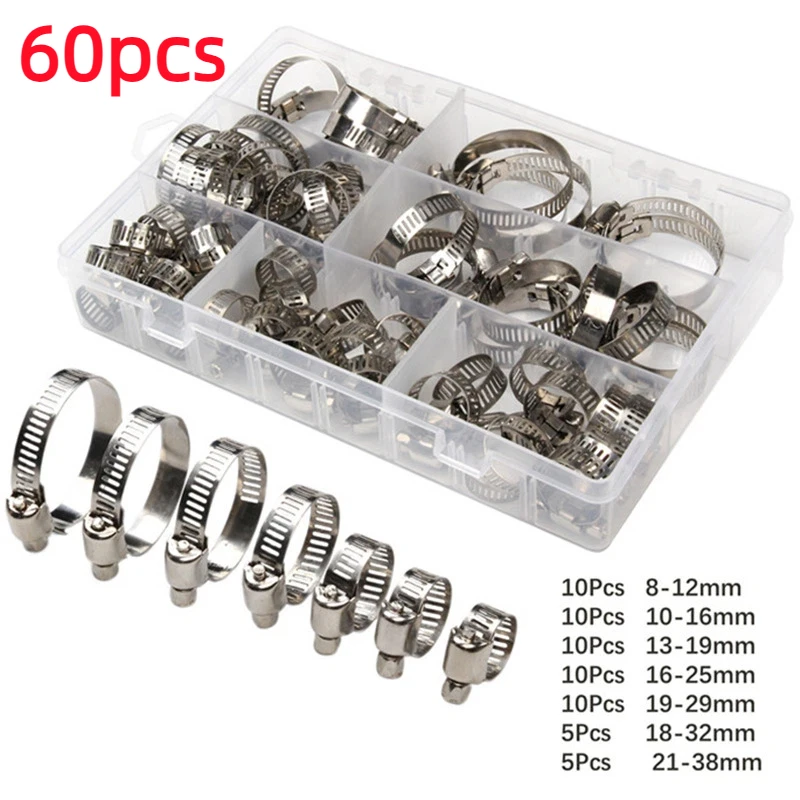 40/60pcs 8-38mm Adjustable Stainless Steel Screw Band Hose Clamps Car Fuel Hose Clamps Pipe Clamp Worm Gear Clip Hose Clamp