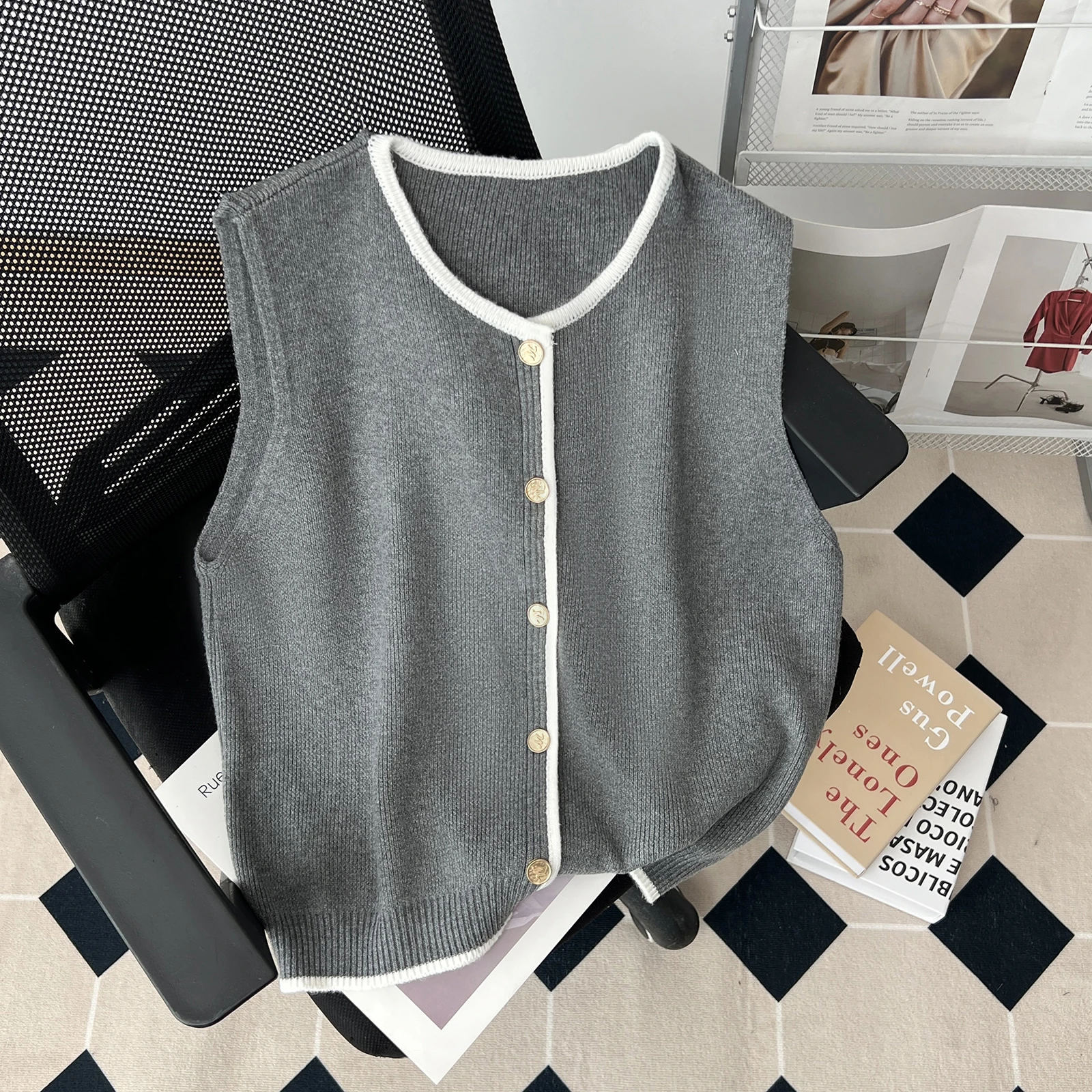 

Цвет Blo, золотые пуговицы, круглый вязаный жилет, женский осенне-зимний свободный многослойный верх, тонкий хлопок, полиэстер